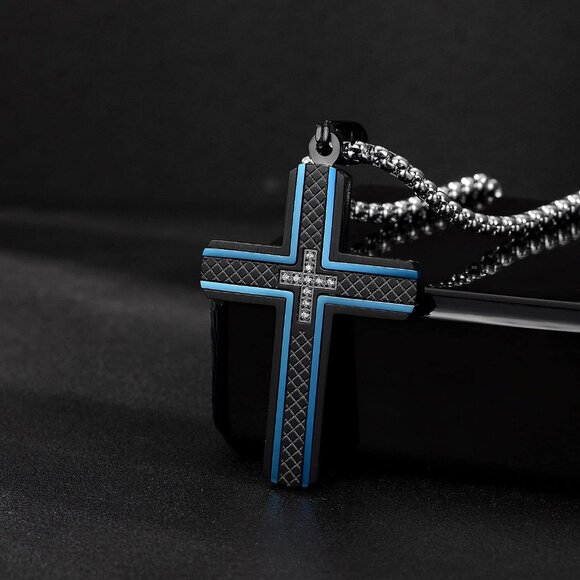 Men's Two-Tone Black & Blue Stainless Steel Carbon Fiber Cross Necklace - Picture 5 of 6